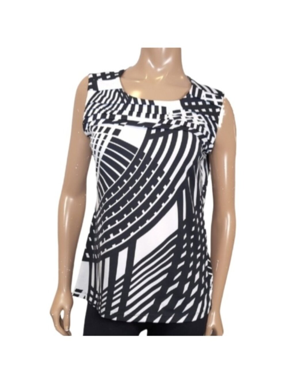 Laura Sleeveless Top Geometric Abstract Pleated Blouse Black White Womens Large